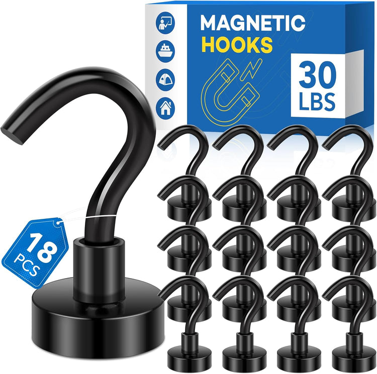 LOVIMAG Magnetic Hooks,30Lbs Black Magnet Hooks for Cruise Cabin, Magnetic Hooks for Hanging, Fridge, Classroom, Refrigerator, Ceiling, Office, Kitchen. Grill, Garage-18Pack