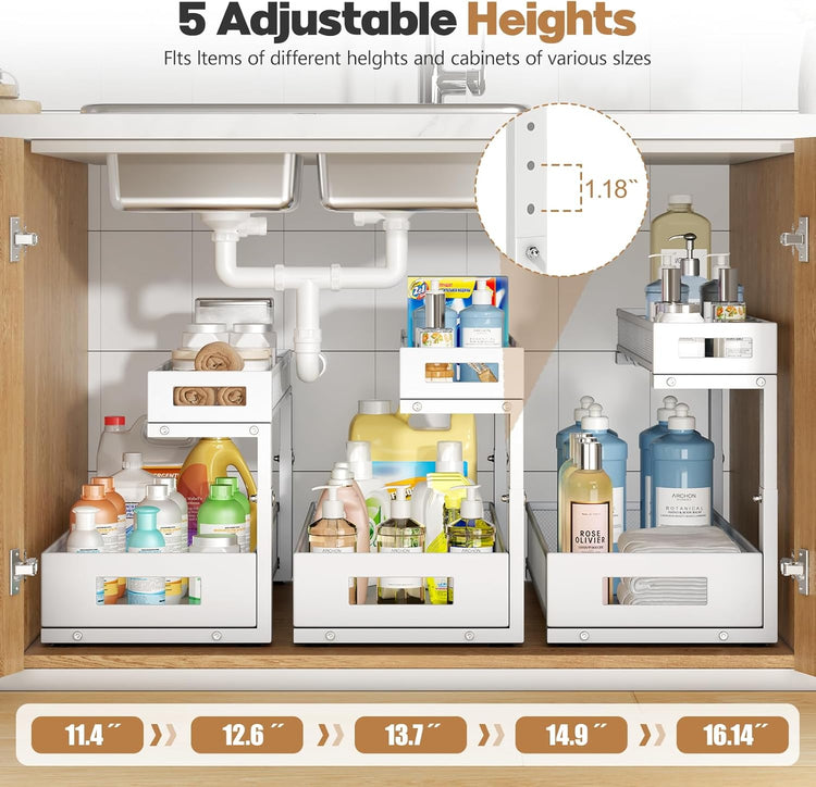 2 Pack 20.47IN Depth Under Sink Storage Organizer, Large 2-Tier Elegant Mesh Pull Out Shelf for Kitchen and Bathroom Cabinet Organization, L-Shaped and Adjustable Height Design-White