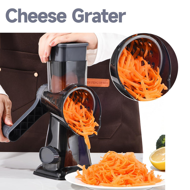 Rotary Cheese Grater with Handle Kitchen Shredder Slicer Grater Slicer Ice Shaver Cheese Vegetable Nuts Potato Zucchini Chocolate 3 Interchangeable Blades