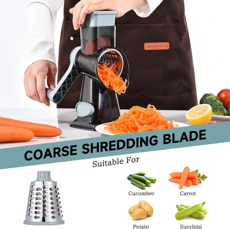 Rotary Cheese Grater Hand Crank Cheese Shredder Vegetable Mandoline Slicer for Kitchen 3 in 1 Changeable Blades for Cheese Potato Nuts Chocolate Ice(GreyBlue)