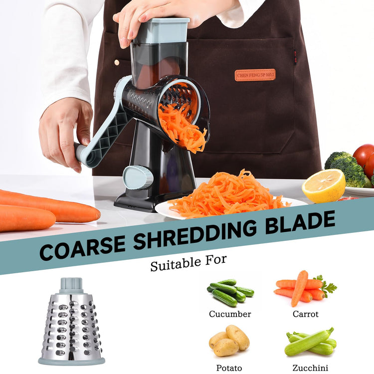 Rotary Cheese Grater with Handle Kitchen Shredder Slicer Grater Slicer Ice Shaver Cheese Vegetable Nuts Potato Zucchini Chocolate 3 Interchangeable Blades
