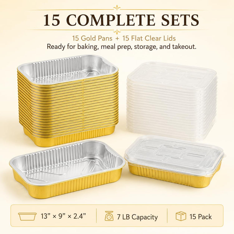 15 Pack Aluminum Pans with Lids Half Size 9x13 Extra Heavy Duty (15 Count)