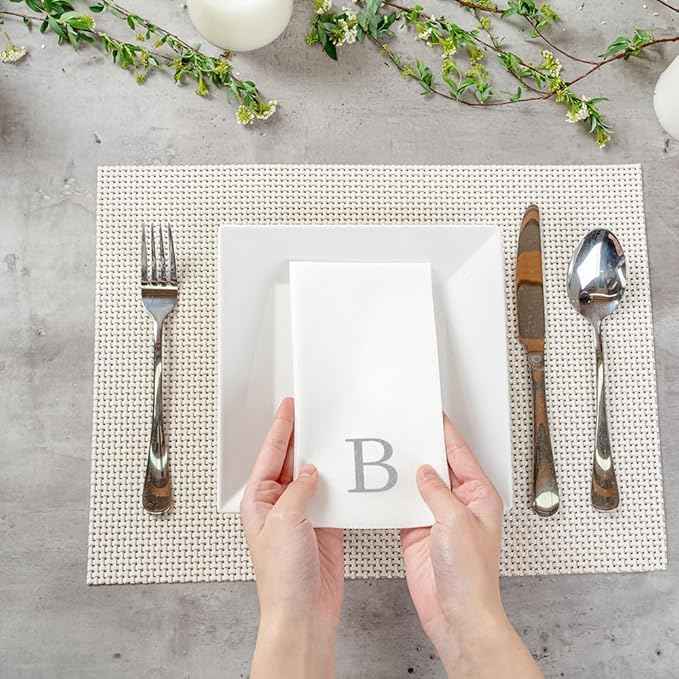 Luxenap 15.8 X 7.9 Inch Linen-Feel Guest Towels, 2000 Lettered Hand Towels - Silver Letter 'B', Sans Serif Font, White Paper Dinner Napkins, airlaid, For Restrooms And Tables - Restaurantware