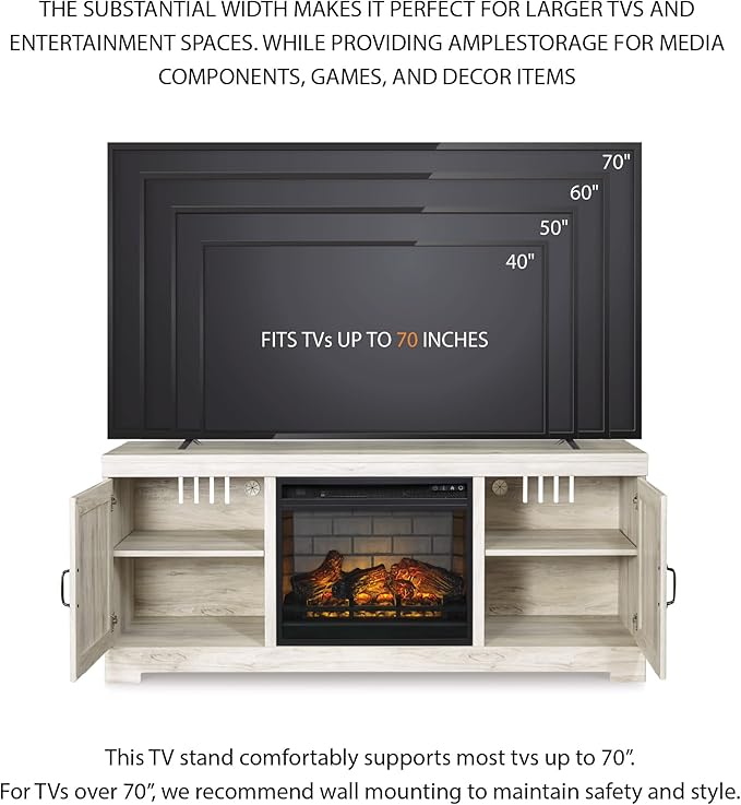 Signature Design by Ashley Bellaby Farmhouse 63" TV Stand with Electric Fireplace for TVs up to 72", Whitewash