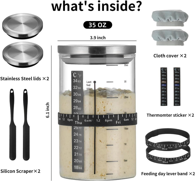 Wissy&Konny Sourdough Starter Jar,2PACK 35OZ Wide Mouth with Ounce Scale line,Date Marked Feeding Band, Thermometer, Sourdough Jar Scraper, Cloth Cover & Stainless Steel Lid Sourdough Starter Kit