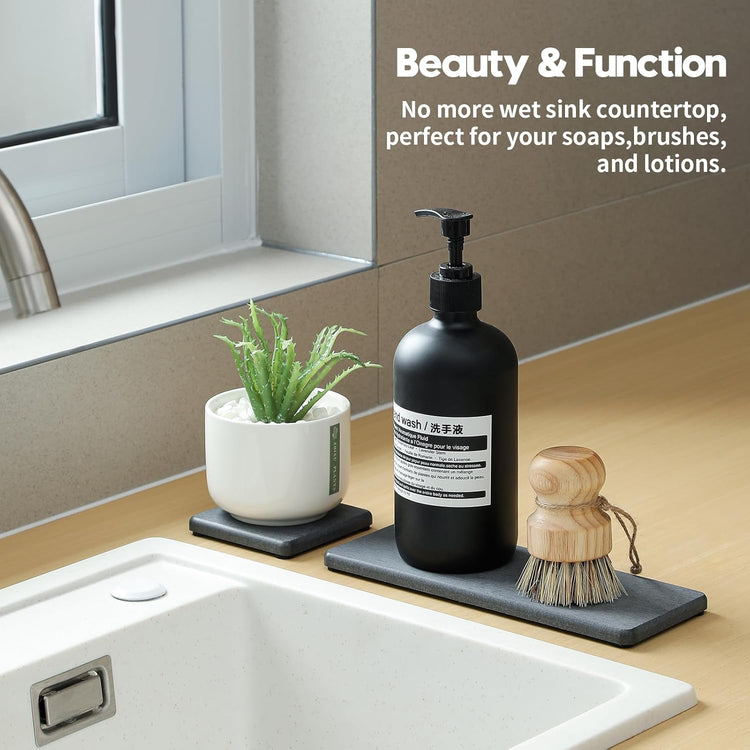 3PCS Water Absorbing Soap Dish Sponge Holder, Diatomite Stone Drying Tray Mat Sink Caddy for Kitchen Counter & Bathroom, Small Stone Bath Mat Faucet Accessories Organizer Protector,Dark Gray,9"x 3.5"