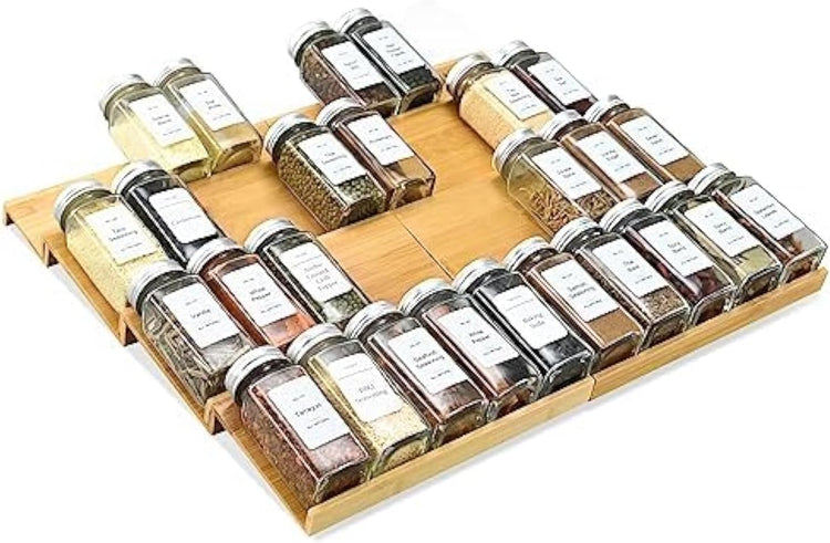Spice Drawer Organzier,4 Tiers- 8Pcs Bamboo Spice Rack Tray Insert for Cabinet Drawer Countertop, Kitchen Seasoning Storage Drawer Organization,18" Wide x 15.8" Deep (Hold UP To 40 Jars