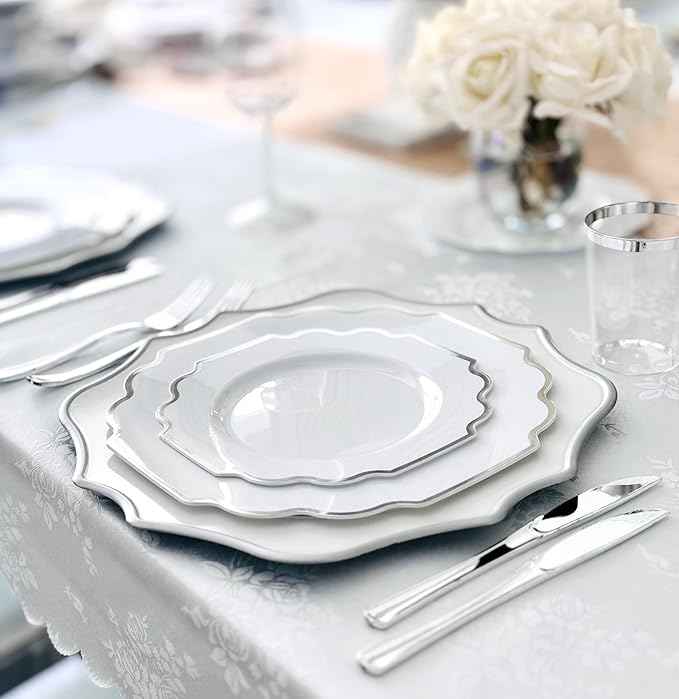 " OCCASIONS " 320 Piece set (40 Guests)-Heavyweight Wedding Party Disposable Plastic Plate Set - 40 x 10.5'' + 40 x 8'' + Silverware + 12oz Cups + Napkins (Imperial in White & Silver Rim)