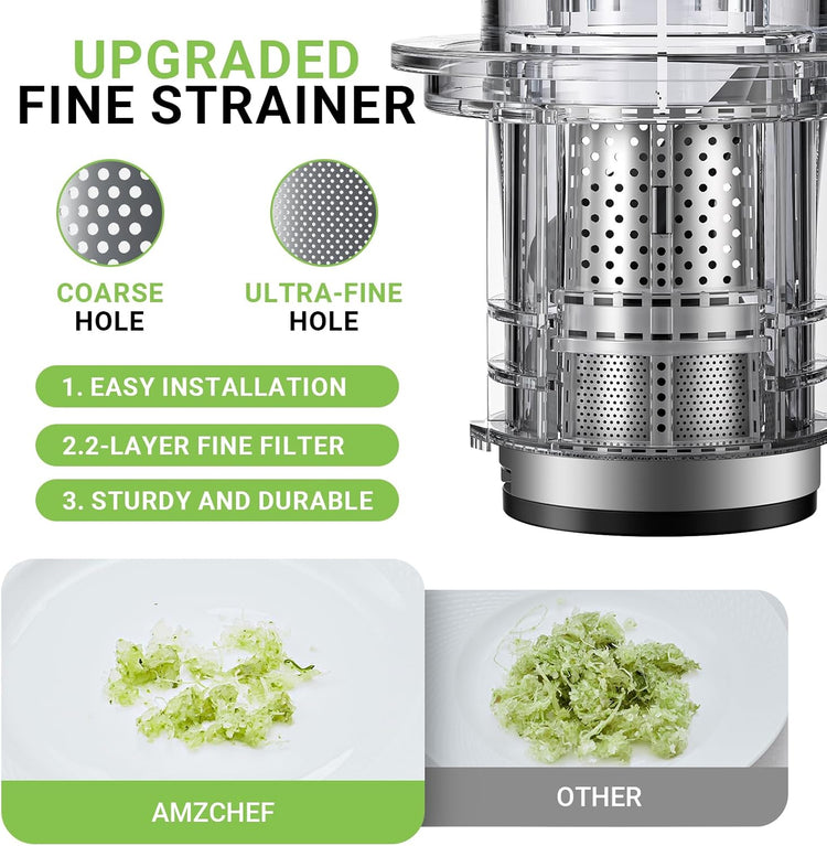 AMZCHEF Cold Press Juicer, 3.1" Juicer Machines with Large Feed Chute for Whole Fruits & Vegetables, Stainless Steel Juice Extractor with Large Auger, Dual Strainers, Easy Cleanup & Assembly