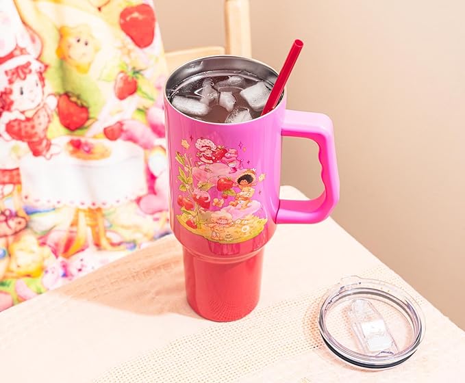 Silver Buffalo Care Bears and Strawberry Shortcake Ombre Double Walled Stainless Steel Tumbler with Handle, Fits in Standard Cup Holder, 40 Ounces