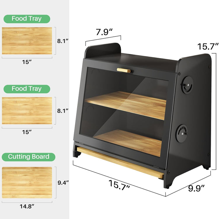 SNTD Bread Box, Wooden Bread Storage Container for Kitchen Countertop with Bamboo Cutting Board, Black (L)