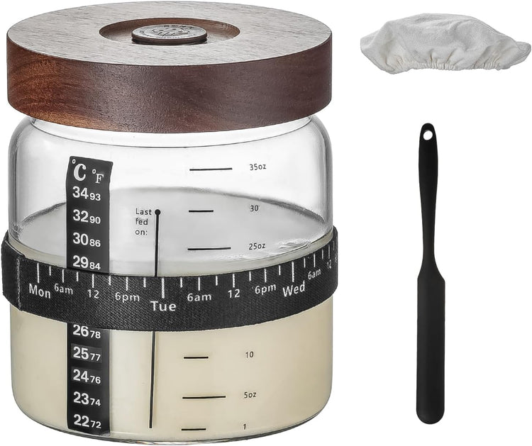 Wissy&Konny Sourdough Starter Jar,Wood Sealed Lid with Automatic Exhaust,35OZ with Ounce Scale Line,Date Marked Feeding Band, Thermometer, Sourdough Jar Scraper,Wide Mouth for Sourdough Bread Baking