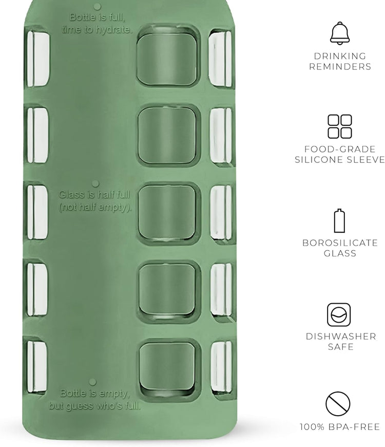 purifyou 40oz / 32oz / 22oz / 12oz Borosilicate Glass Water Bottle with Time & Volume Markers, Silicone Sleeve, Stainless Steel Lid – Reusable Glass Bottle for Water & Juice (22oz Shale Green)