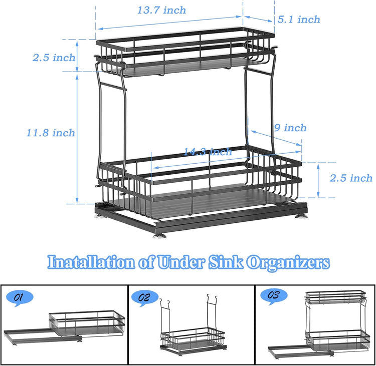 1 Pack Under Sink Organizers and Storage, 2 Tier Pull Out Cabinet Organizer, Metal Sliding Drawer Storage for Kitchen Bathroom,Black