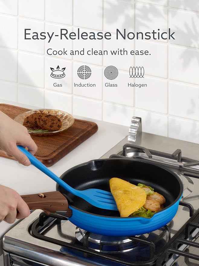 CAROTE 20Pcs Titanium Cookware Set, Pots and Pans Set Non Stick, Kitchen Cooking Set with Detachable Handle, Non Toxic Induction Cookware - Camping Cookware, Dishwasher/Oven Safe, Blue