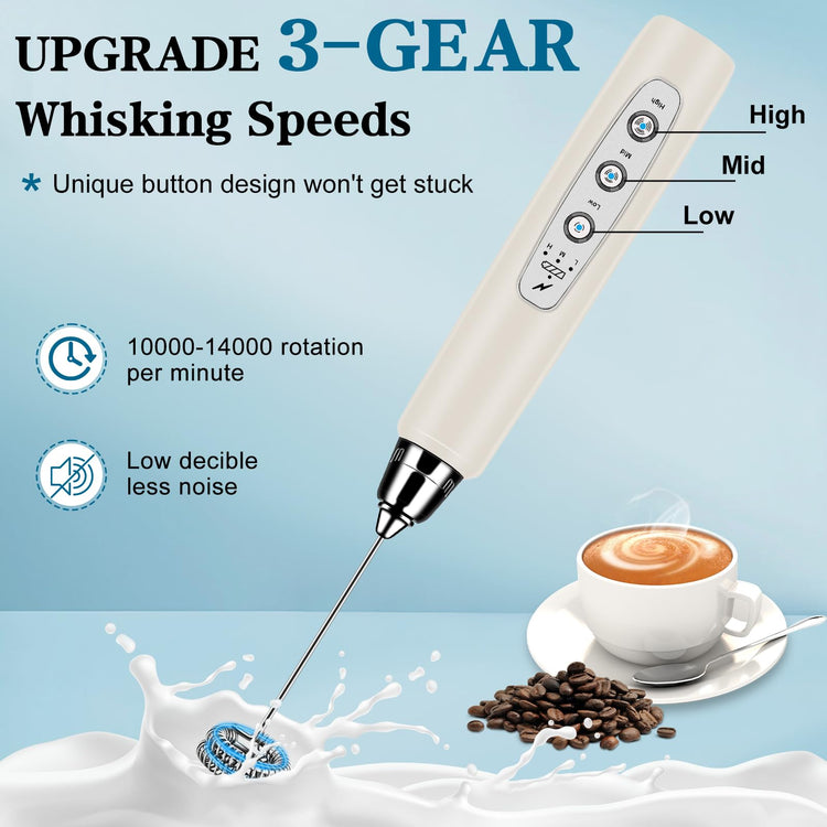 Milk Frother Wand Rechargeable Handheld Whisk Coffee 3 Speed Adjustable