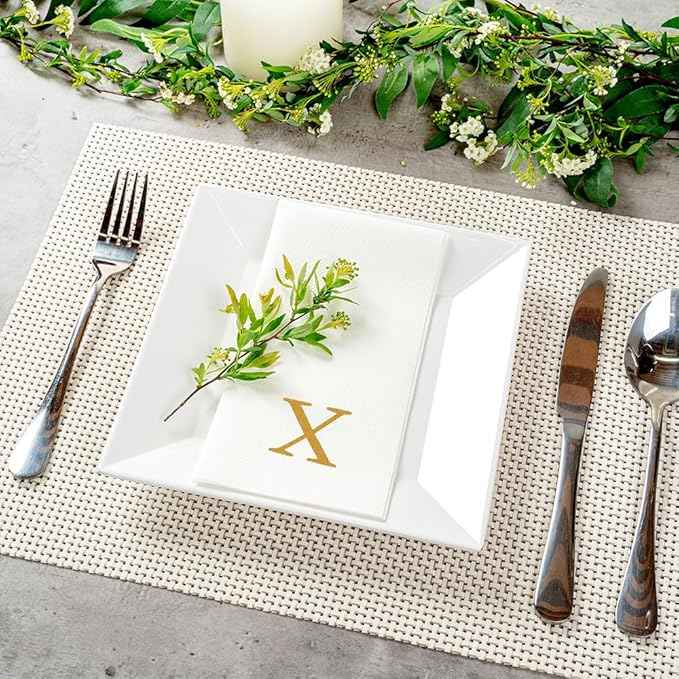 Luxenap 15.8 X 7.9 Inch Linen-Feel Guest Towels, 50 Lettered Hand Towels - Gold Letter 'X', Sans Serif Font, White Paper Dinner Napkins, airlaid, For Restrooms And Tables - Restaurantware
