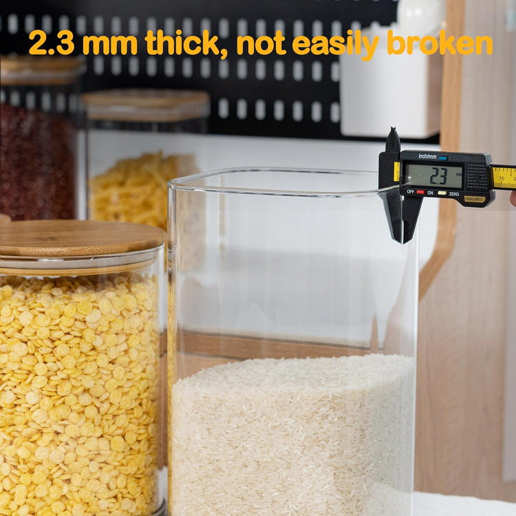 156oz Airtight Glass Square Storage Canister with Bamboo Lid Set of 2(4600ml*2) Large Gallon Glass Jars for Sugar, Flour, Cookies and Coffee beans (with Black Lable)