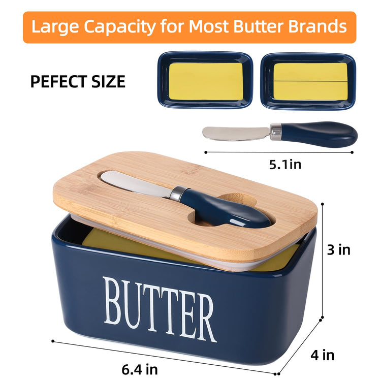Ceramic Butter Dish with Bamboo Lid and Stainless Steel Knife Spreader