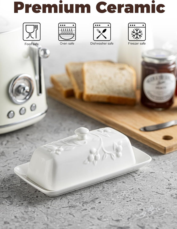 Butter Dish with Lid for Countertop, Ceramic Butter Dish with Knob Handle, Large Butter Holder Container for East West Coast Butter Storage, Cherry