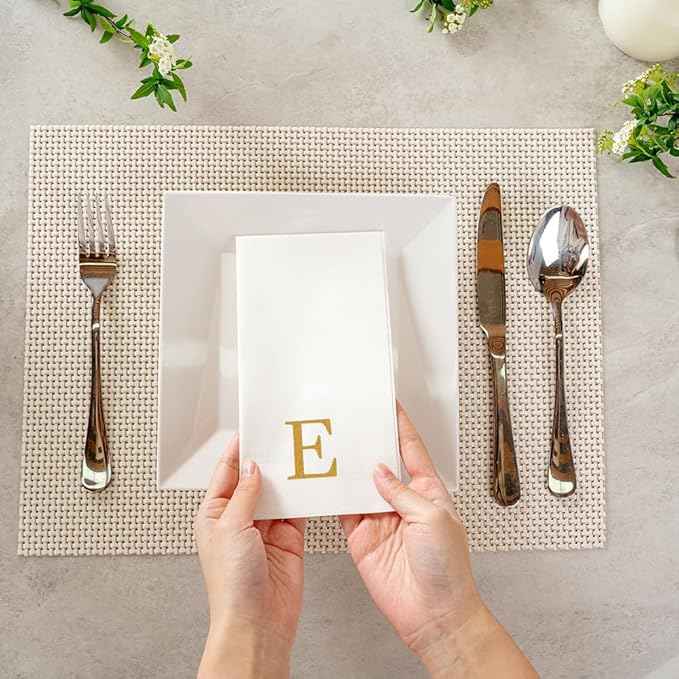 Luxenap 15.8 X 7.9 Inch Linen-Feel Guest Towels, 50 Lettered Hand Towels - Gold Letter 'E', Sans Serif Font, White Paper Dinner Napkins, airlaid, For Restrooms And Tables - Restaurantware