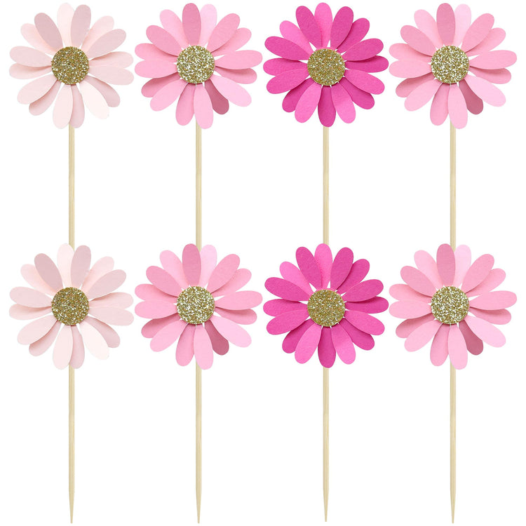 24Pcs Daisy Cupcake Toppers Flower Cake Topper Decorations Daisy Cake Decorations Chrysanthemum Cupcake Toppers Spring Daisy Flower Cake Picks for Birthday Wedding Supplies Rose Red Pink (24 Count)