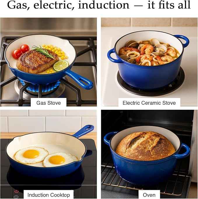 QuliMetal Nonstick Enameled Cast Iron Cookware Set, 4-Pcs Pots and Pans with Lid, Healthy Round Dutch Oven Pot for Sourdough Bread Baking, Oven Safe up to 500° F or on All Stovetop