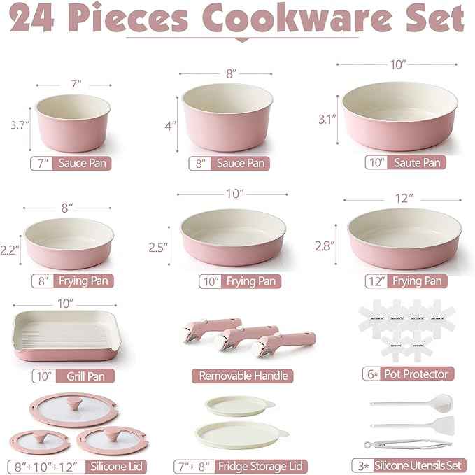SENSARTE 24 Piece Ceramic Pots and Pans Set, Nonstick Detachable Handle Cookware, Induction Kitchen Cookware Set with Removable Handle, Healthy Non Stick for RV, Dishwasher&Oven Safe, PFOA Free (Pink)