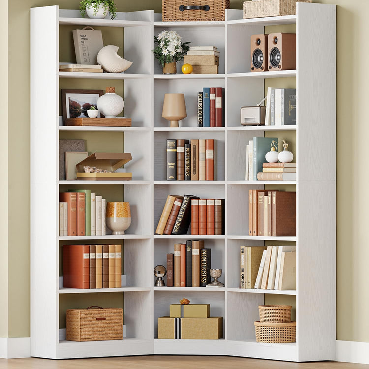 IRONCK Corner Bookshelf, 7-Tier Bookshelf with Storage, Corner Bookcases with Baffles Etagere Shelf for Living Room Home Office Bedroom, White