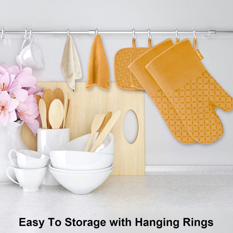 KEGOUU Oven Mitts and Pot Holders 6pcs Set, Kitchen Oven Glove High Heat Resistant 500 Degree Extra Long Oven Mitts and Potholder with Non-Slip Silicone Surface for Cooking (Orange)