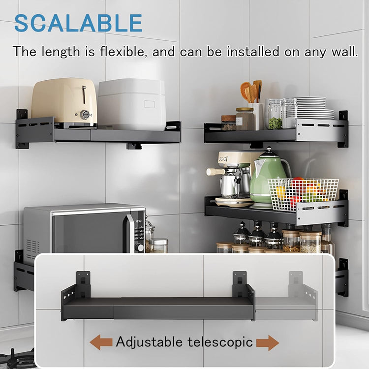 Retractable Stainless Steel Wall Rack, Commercial Storage Rack, countertop Multifunctional Storage Bracket, Kitchen Seasoning Rack for Electric Oven Microwave (16"~25.5" Black)