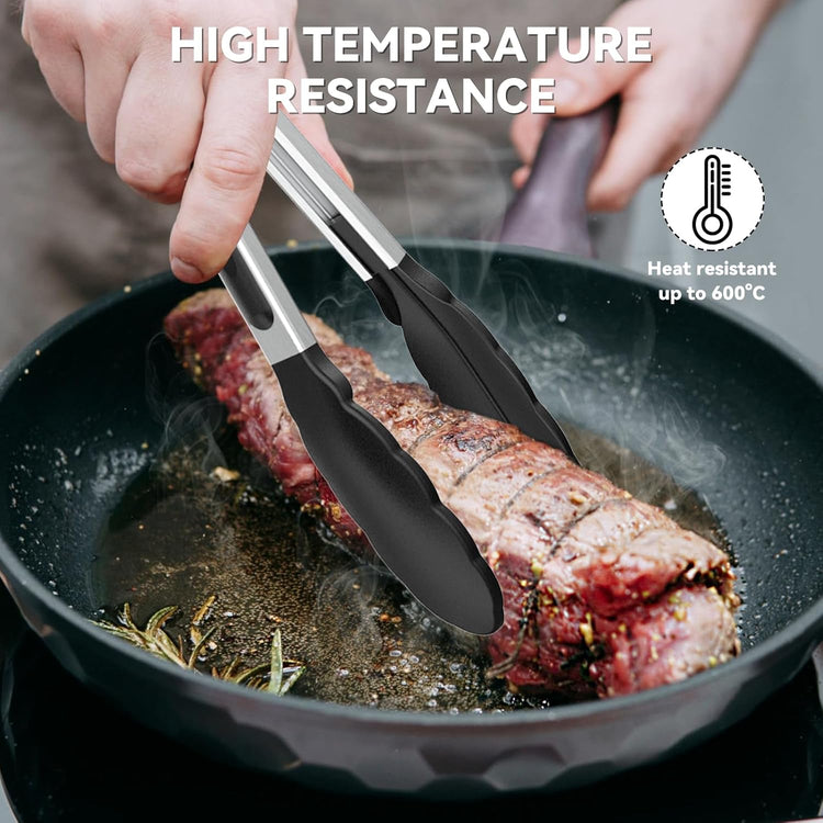 NileHome Tongs for Cooking, Professional Stainless Steel Cooking Tongs – Heat-Resistant for Grilling, BBQ, Serving Salad, Pasta, and Kitchen Use, Dishwasher Safe, Set of 7" 9" 12", Black