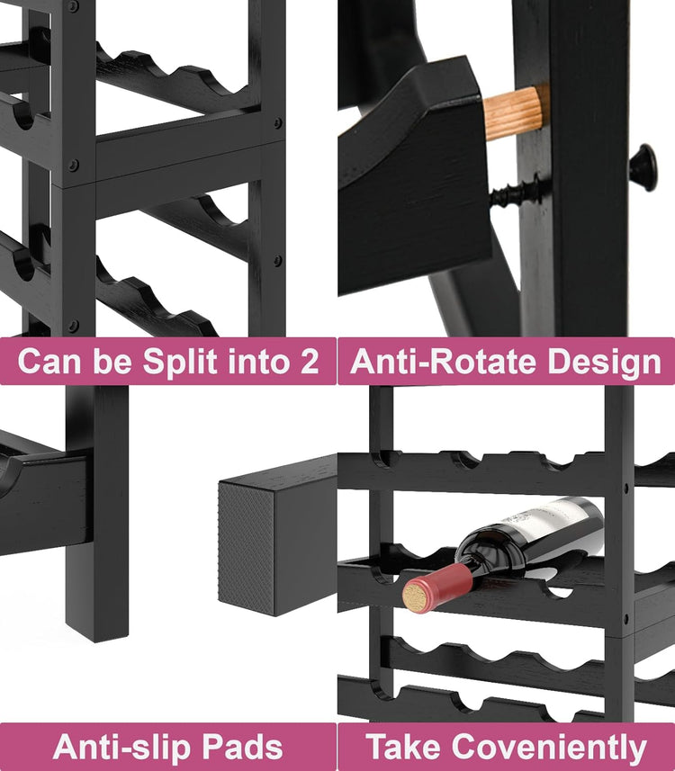 6 Tier Bamboo Wine Rack Freestanding Floor, 24 Bottles Wine Storage Shelves with Table Top, Stackable Wine Display Rack for Kitchen, Bar, Dining Room, Black