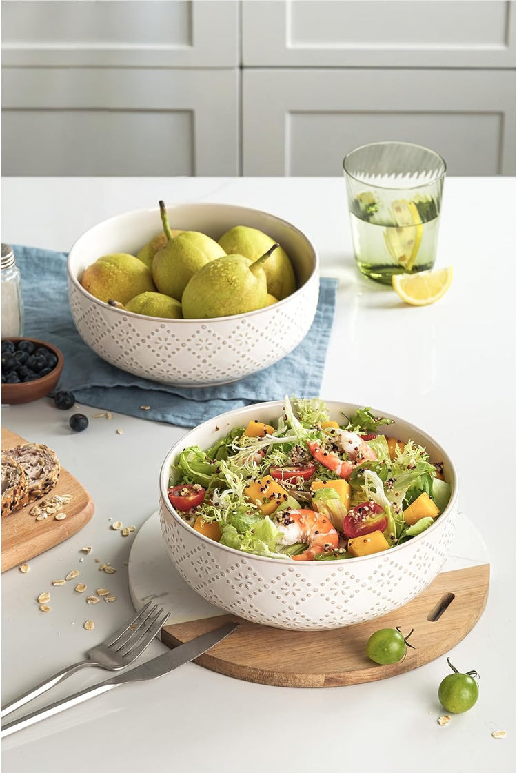 Large Serving Bowls, 8 inch 60 OZ Salad Bowls Set of 2, Ceramic Bowl Set for Salad,Ramen, Soup, Cereal and Entertaining, Farmhouse Decorative, Dishwasher & Microwave Safe, Off-White