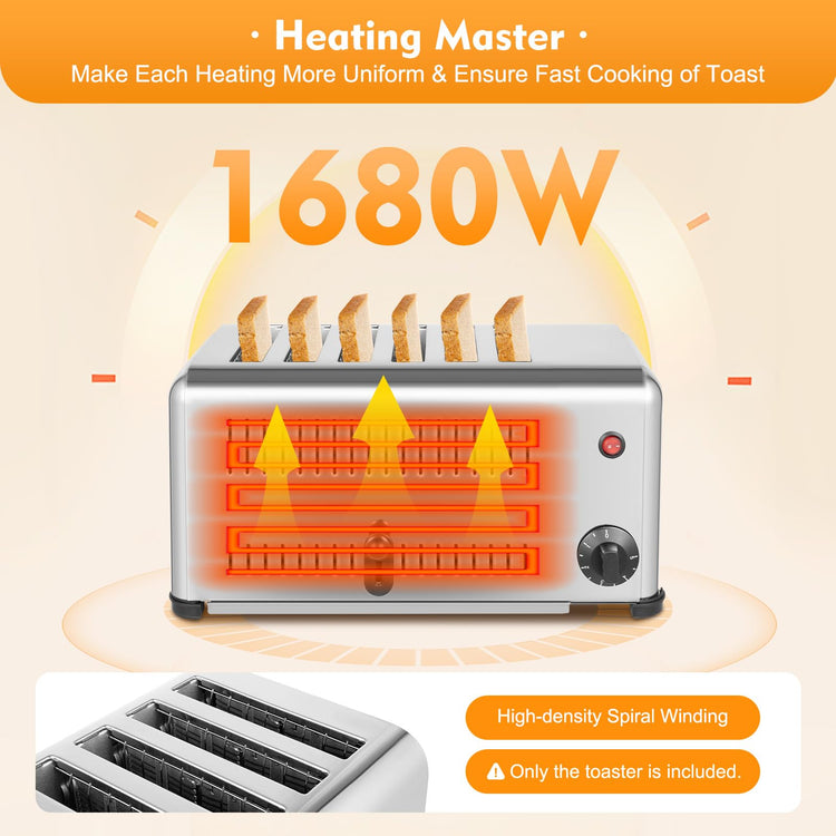 6 Slice Toaster with Wide Slots Commercial Toasters for Restaurant Bread Baking Machine 1680W Stainless Steel Toaster Countertop for Toast