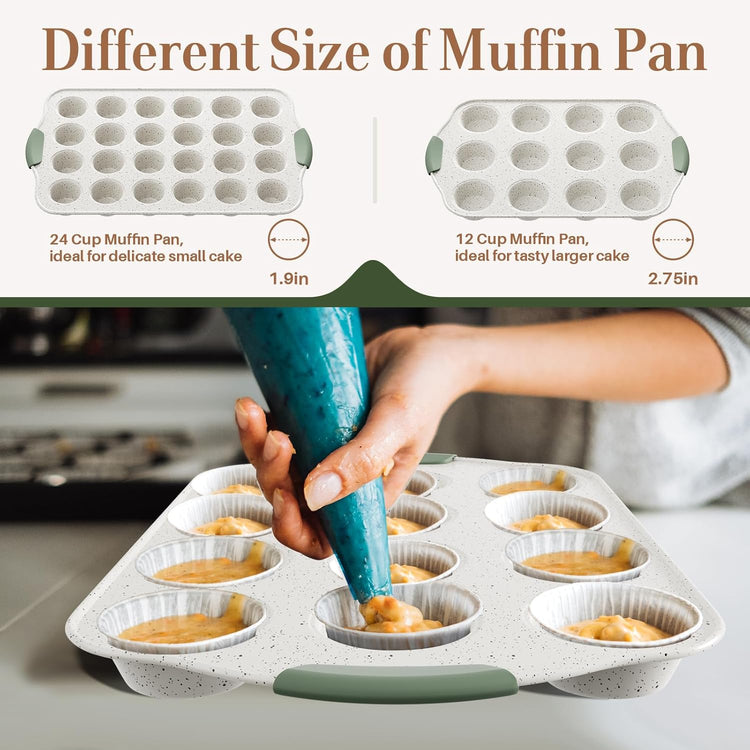 11-Piece Non-Toxic Baking Set, Stackable Nonstick Cookware with Heat-Resistant Handles - Includes Cookie Tray, Round Cake Pan, Muffin Cups, Pizza Pan & Loaf Baker, White&Light Green