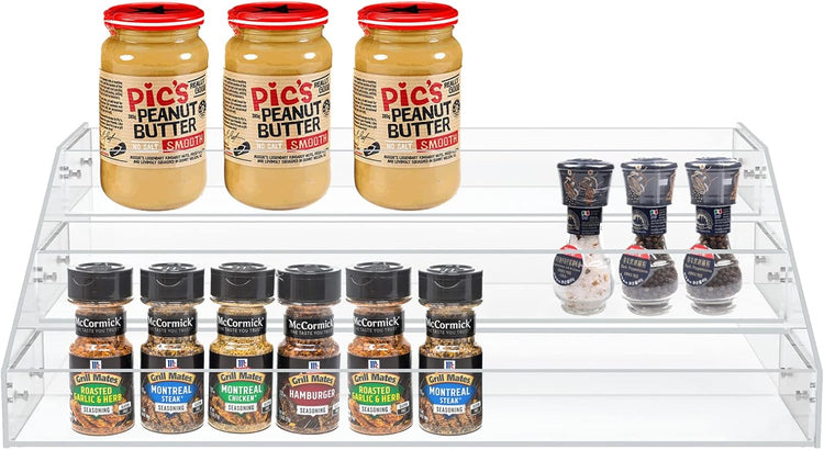 PMMASTO Widen Tiered Spice Rack, Seasoning Organizer, Clear Acrylic Vertical Shelves Can Organizer for Countertop, Cabinet, Pantry, Kitchen Organization and Storage - 3 Tier
