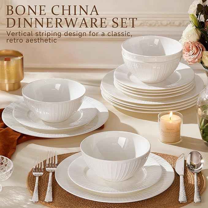 KINGSTONE Bone China Dinnerware Set, 18-Piece White Lightweight Porcelain with Textured Design Service for 6, Plates, Bowls, for Family Dining, Restaurants, Gifting,Microwave and Dishwasher Safe