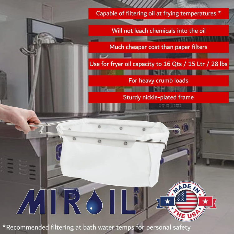 MirOil B6PS Fryer Filter Bag & Frame Combo, Extends Grease Life, Handles Hot & Cold Cooking Oil & Filters Up to 70 Lb. Polishing Oil, Maintain Quality & Taste of Fried Foods, Reduce Grease Contaminant