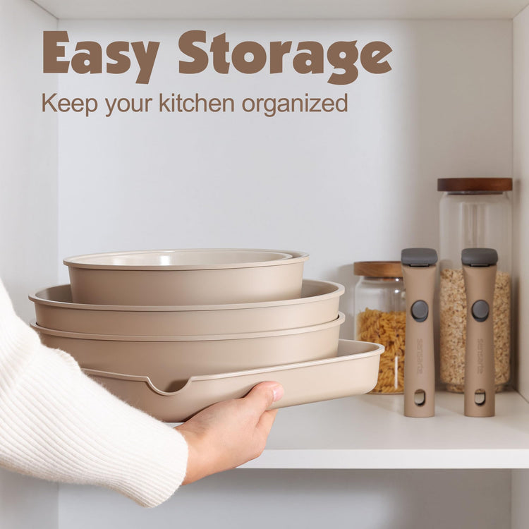 17 Piece Ceramic Detachable Handle Pots and Pans Set Almond Beige