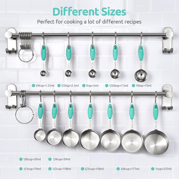 Measuring Cups and Spoons Set: U-Taste 18/8 Stainless Steel 12 Pieces Metal Stacking Kitchen Baking Cooking Food Measure Set 7 Cups 5 Spoons with Strengthened Weld Joints (Aqua Sky)