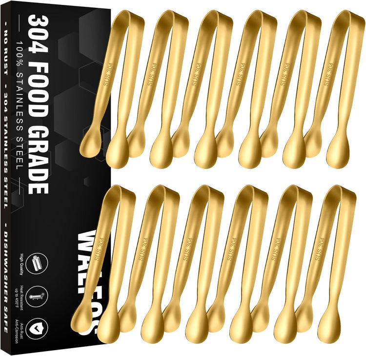 Walfos Small Gold Tongs For Serving,Food Grade Stainless Steel 4" Mini Tongs Appetizers for Parties Catering, Sugar,Desserts,Tea Party, Coffee Bar, Set of 12 (Gold)