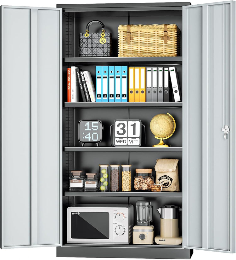 INTERGREAT Metal Storage Cabinets 72” Black Grey Garage Steel Storage Cabinet with Doors and Shelves, Steel File Cabinet for Home Office, Basement, Warehouse, Classroom(Anti Tipping)