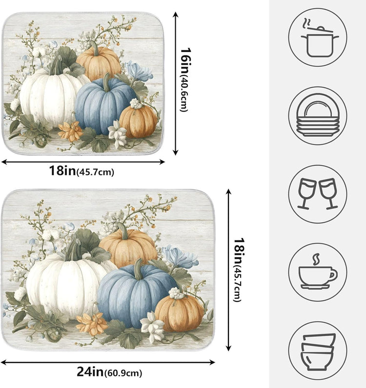 Fall Blue Orange Grey Pumpkin Thanksgiving Dish Drying Mat for Kitchen Counter Absorbent Microfiber Large Drying Pad Dish mats for Kitchen Countertops 18 x 24 Inch