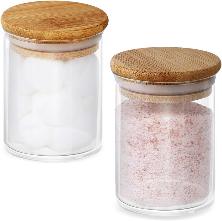 2 Pack Glass Jars with Bamboo Lids - Airtight Bathroom Storage Containers for Organization, Decor & Kitchen Pantry - 7.6oz Small Jars, Eco-Friendly Bath & Kitchen Accessories