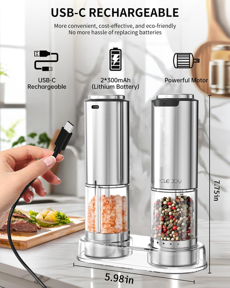 Rechargeable Electric Salt and Pepper Grinder Set with Base