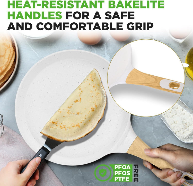 Nutrichef 2-Pack Non-Stick Crepe Pan Set, 9.4" Marble Coated Dosa Pans with Wooden Spreaders, Bakelite and Wood Handles, Induction-Compatible, Dishwasher Safe, Even Heat Distribution, White Cream