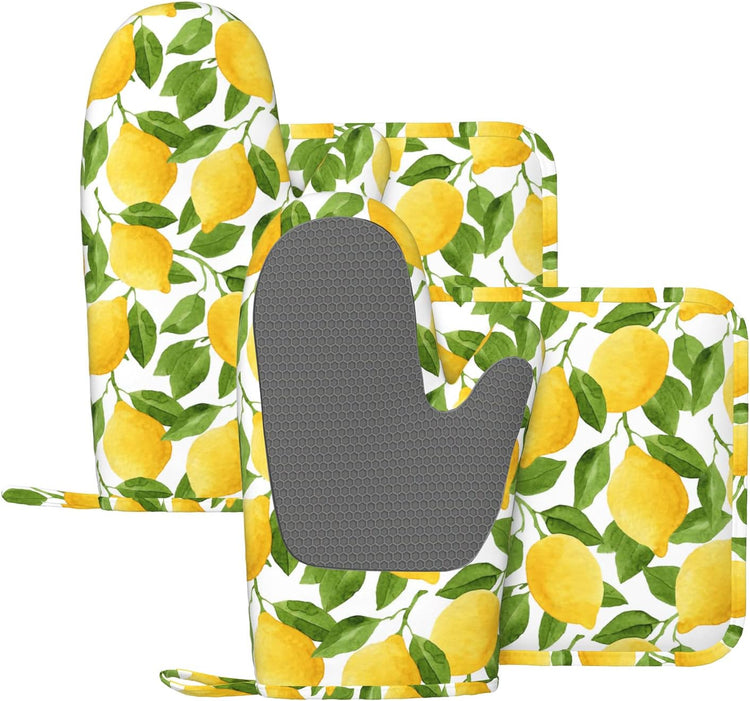 Lemon Oven Mitts and Pot Holders Sets of 4,Resistant Hot Pads with Silicone Non-Slip BBQ Gloves for Kitchen,Cooking,Baking,Grilling