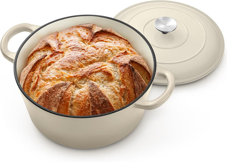 P&P CHEF 5QT Enameled Dutch Oven, Cast Iron Dutch Oven Pot with Lid for Bread Baking, Enameled Casserole Pot for Roasting Braising Stewing Frying Simmering, Various Stoves & Easy Clean, Khaki - Nestoria