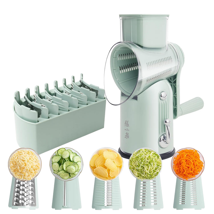 Rotary Cheese Grater Manual Hand Crank with 5 Blades & Suction Base